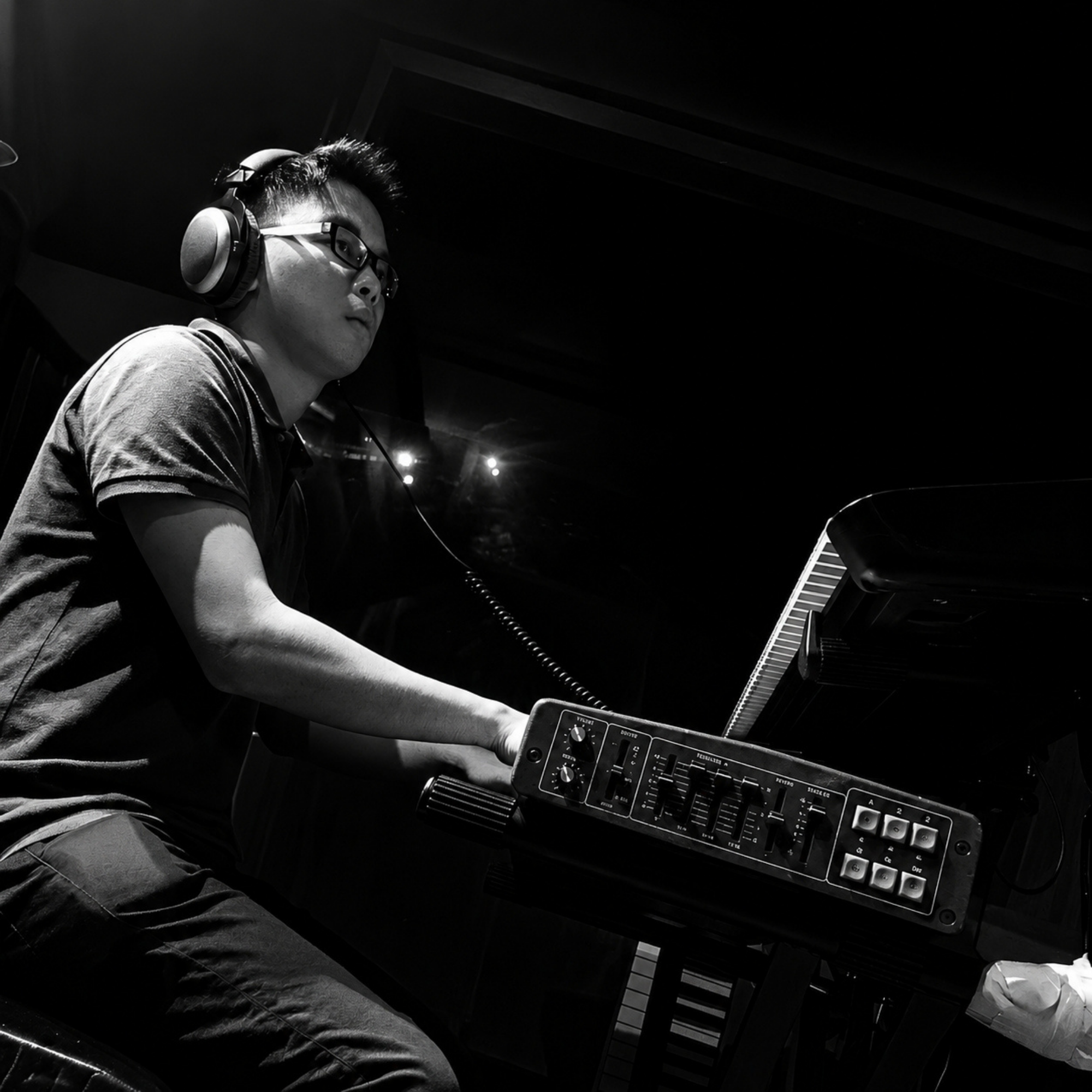 Black-and-white studio session at the keyboard