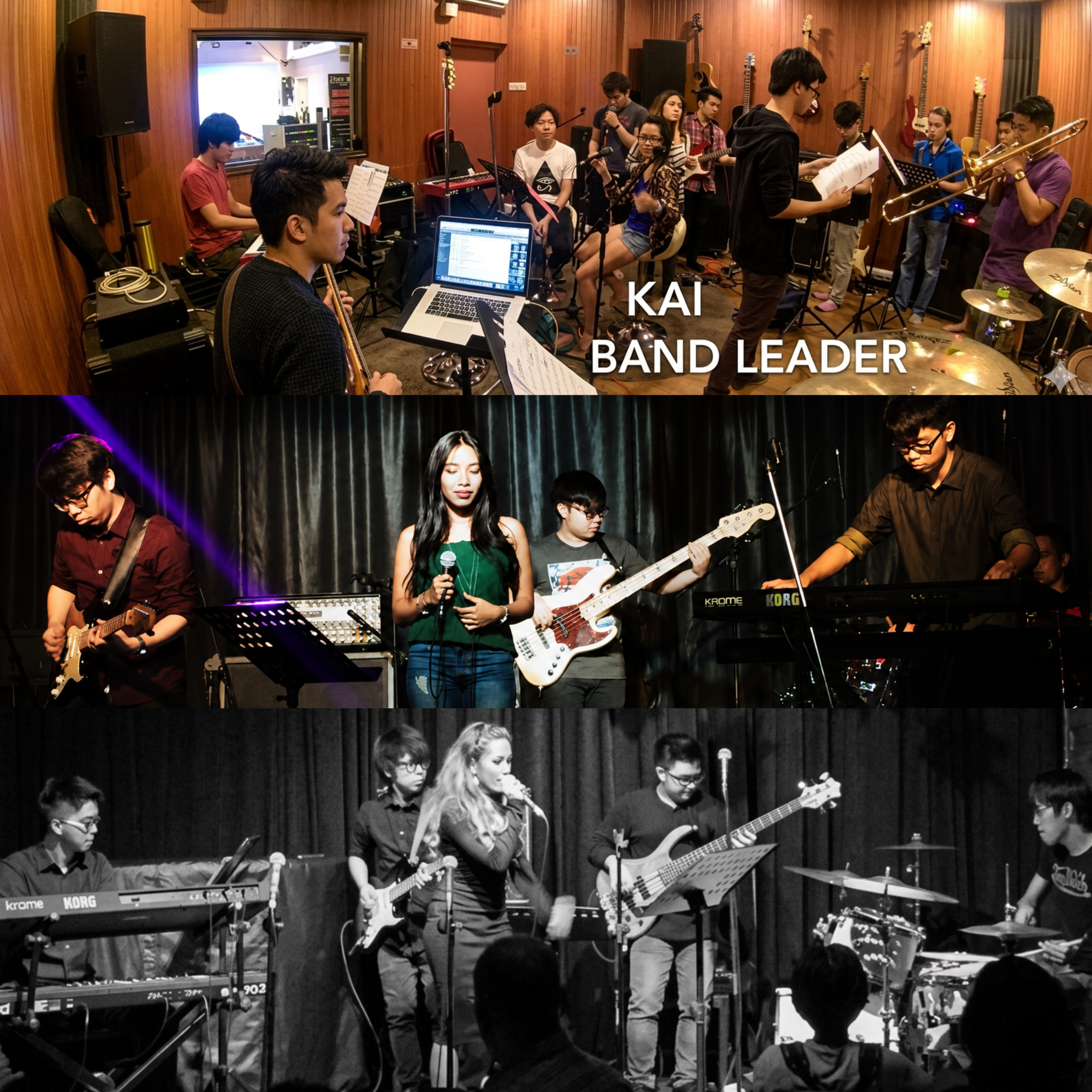 A montage of band rehearsal and live performance